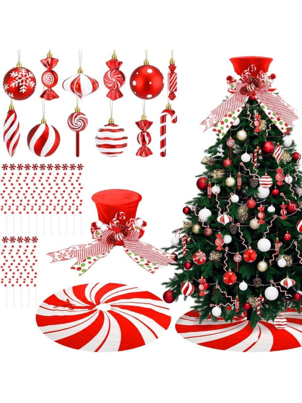 65 Pcs Candy Cane Christmas Decor Set with Peppermint Tree Skirt & Ornaments